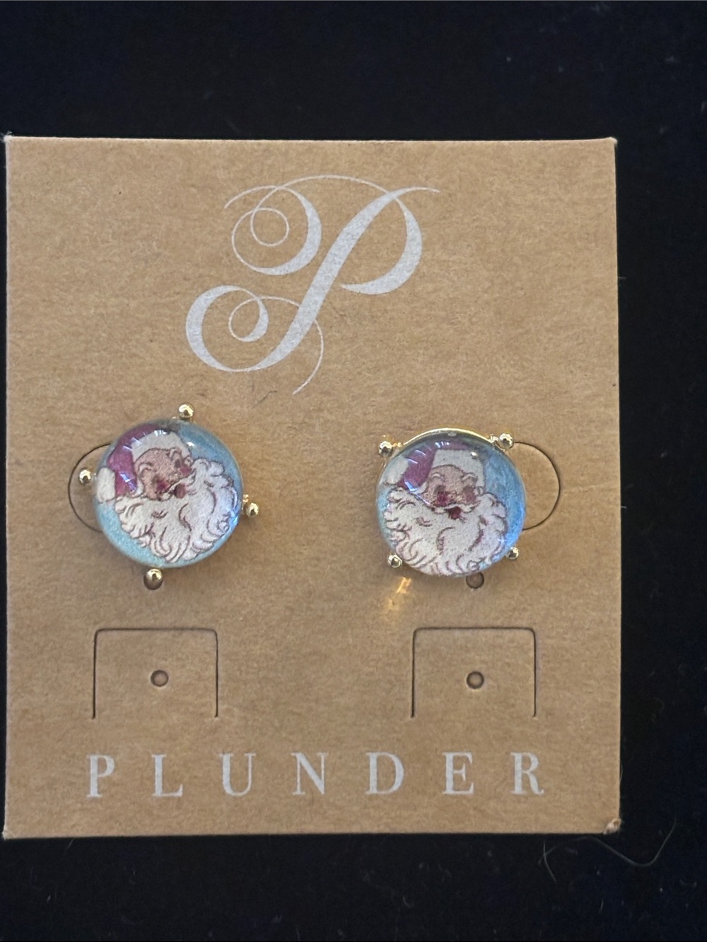 Santa Face Glass Stud Earrings - Blue & White with Gold-tone
